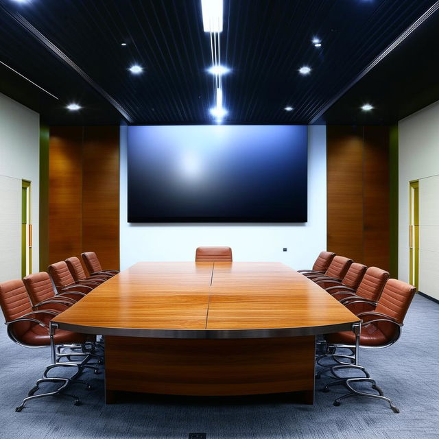 A professional briefing room with a large wooden table centered, surrounded by leather chairs. A large screen for presentations is on the wall at the front, and various communication tools are available.