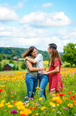 A heartwarming scene of a teenage girl happily hugging her mother and father in a beautiful prairie setting