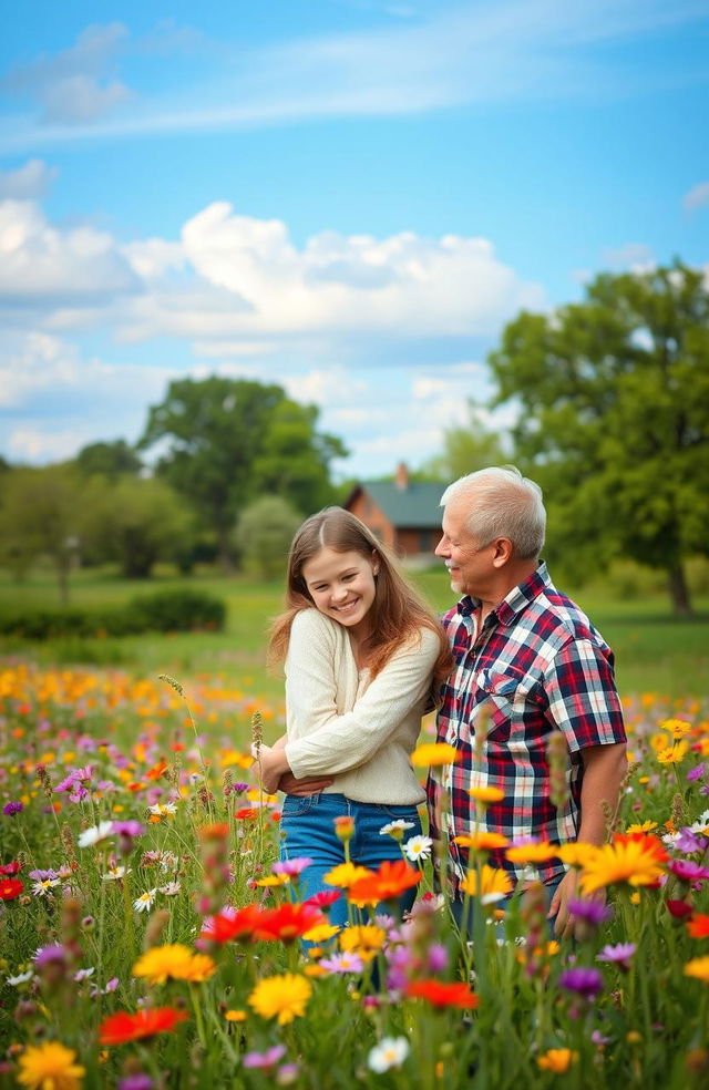 A heartwarming scene of a teenage girl happily hugging her mother and father in a beautiful prairie setting