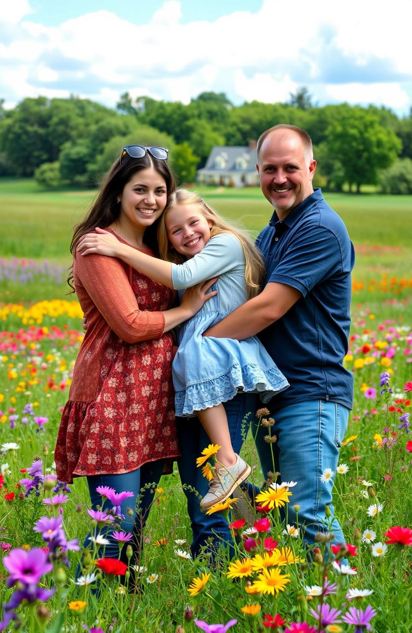 A heartwarming scene of a teenage girl happily hugging her mother and father in a beautiful prairie setting