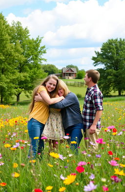 A heartwarming scene of a teenage girl happily hugging her mother and father in a beautiful prairie setting