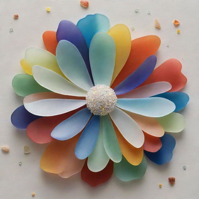 Create a detailed and vivid piece of artwork depicting a bloom of a flower, crafted entirely with the beauty and diversity of multicolored sea glass pieces