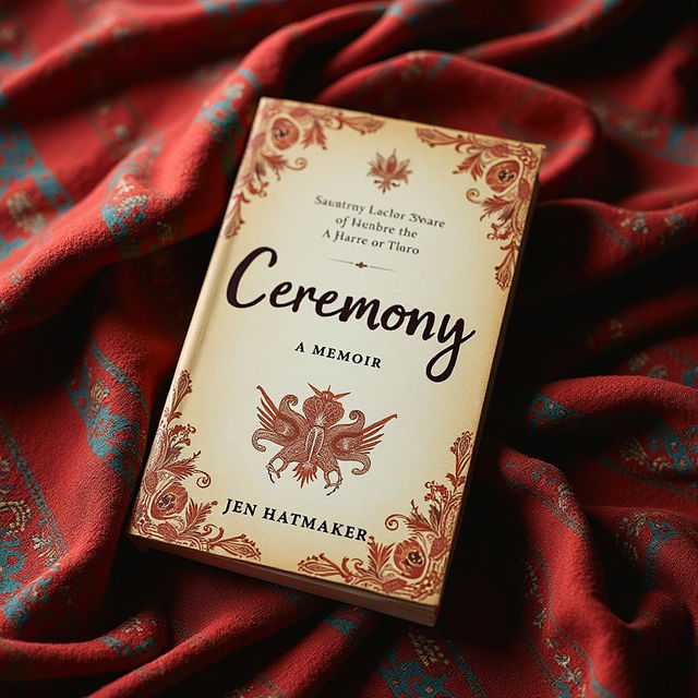 An artistic book cover for "Ceremony: A Memoir" by Jen Hatmaker, featuring a rebozo wrapped around the background to create a warm and inviting atmosphere