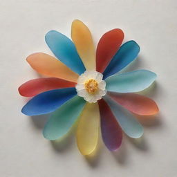 Create a detailed and vivid piece of artwork depicting a bloom of a flower, crafted entirely with the beauty and diversity of multicolored sea glass pieces