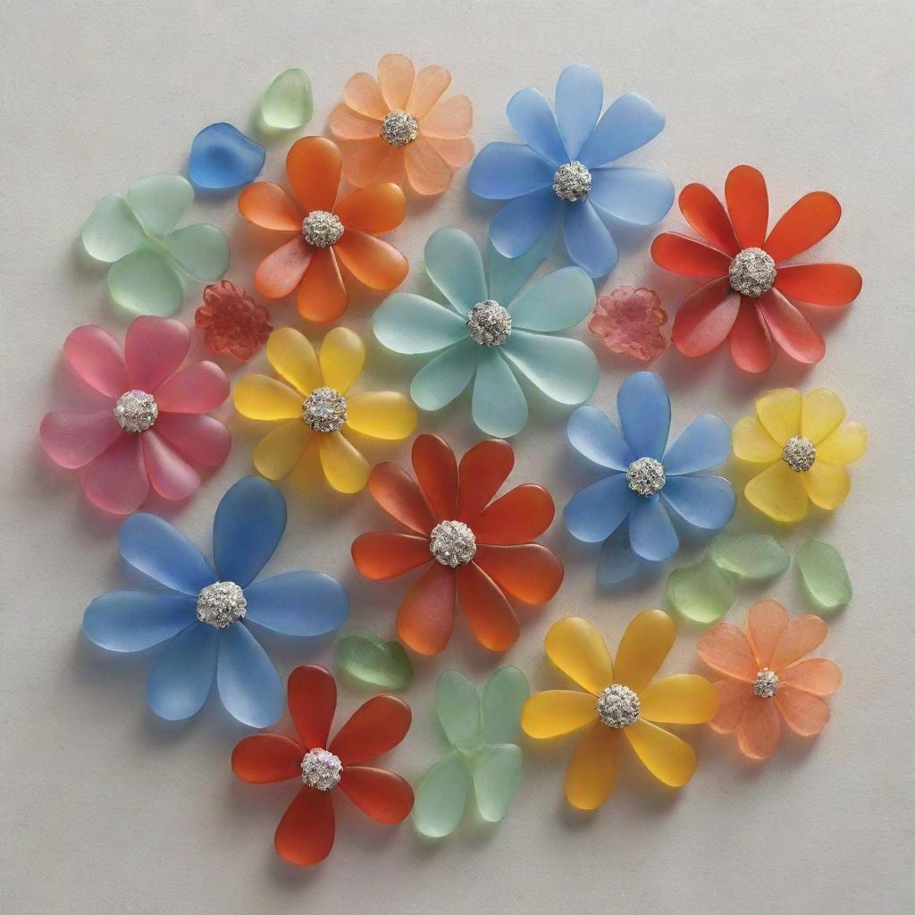 Craft a detailed, artistic representation of a colorful assortment of flowers, skilfully created using a variety of multicolored sea glass pieces