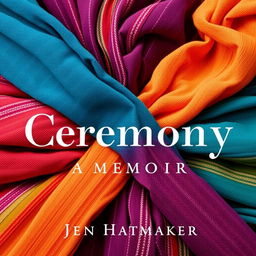 An eye-catching book cover design for "Ceremony: A Memoir" by Jen Hatmaker, featuring a richly textured background made of rebozos, elegantly wrapped and overlapping in a harmonious blend of colors and patterns