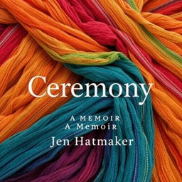 An eye-catching book cover design for "Ceremony: A Memoir" by Jen Hatmaker, featuring a richly textured background made of rebozos, elegantly wrapped and overlapping in a harmonious blend of colors and patterns