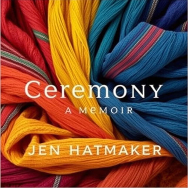 An eye-catching book cover design for "Ceremony: A Memoir" by Jen Hatmaker, featuring a richly textured background made of rebozos, elegantly wrapped and overlapping in a harmonious blend of colors and patterns