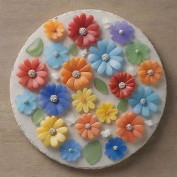 Craft a detailed, artistic representation of a colorful assortment of flowers, skilfully created using a variety of multicolored sea glass pieces