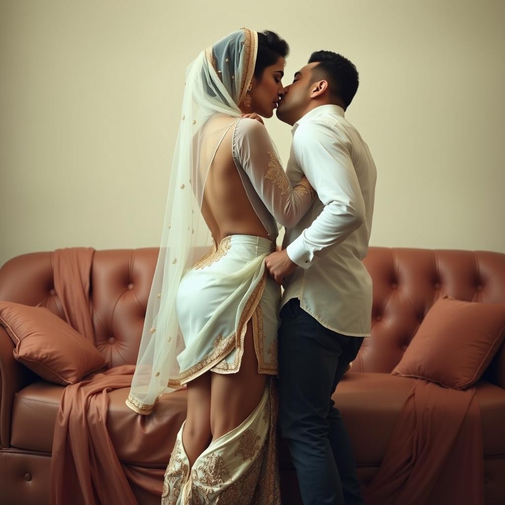 A sensual portrayal of Nushrat Bharucha as a Muslim bride, wearing a short skirt and removing her sheer, transparent shirt in a passionate setting