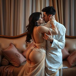 A sensual portrayal of Nushrat Bharucha as a Muslim bride, wearing a short skirt and removing her sheer, transparent shirt in a passionate setting