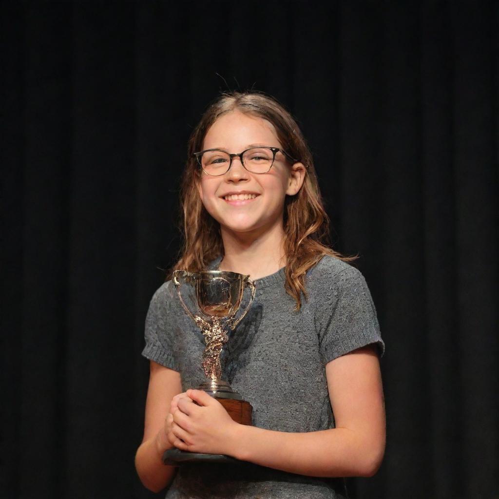 A proud girl wearing glasses, holding a trophy on a school stage, basking in the spotlight with a victorious smile.