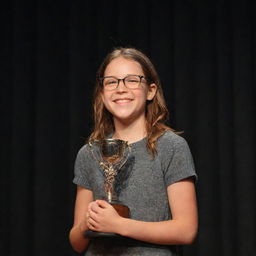 A proud girl wearing glasses, holding a trophy on a school stage, basking in the spotlight with a victorious smile.