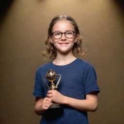 A proud girl wearing glasses, holding a trophy on a school stage, basking in the spotlight with a victorious smile.