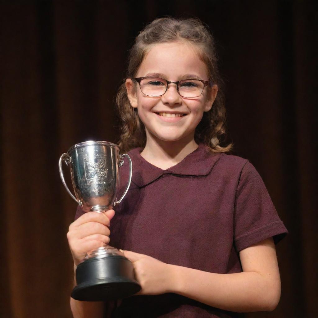 A proud girl wearing glasses, holding a trophy on a school stage, basking in the spotlight with a victorious smile.