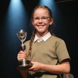 A proud girl wearing glasses, holding a trophy on a school stage, basking in the spotlight with a victorious smile.