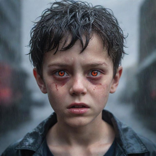 A realistic portrayal of a boy with red eyes, appearing monstrous, with a backdrop of twisting rain.