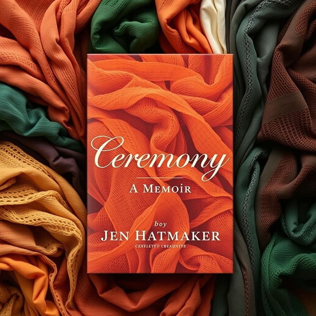 A captivating book cover for "Ceremony: A Memoir" by Jen Hatmaker, featuring a serene background made up of rebozos in beautiful earth tones, including warm browns, deep oranges, rich greens, and soft creams, artfully wrapped and layered to create a textured, inviting surface