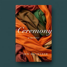 A captivating book cover for "Ceremony: A Memoir" by Jen Hatmaker, featuring a serene background made up of rebozos in beautiful earth tones, including warm browns, deep oranges, rich greens, and soft creams, artfully wrapped and layered to create a textured, inviting surface