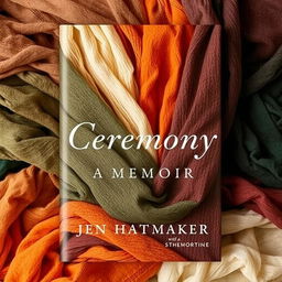 A captivating book cover for "Ceremony: A Memoir" by Jen Hatmaker, featuring a serene background made up of rebozos in beautiful earth tones, including warm browns, deep oranges, rich greens, and soft creams, artfully wrapped and layered to create a textured, inviting surface
