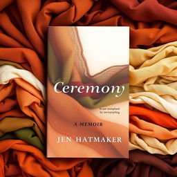 A captivating book cover for "Ceremony: A Memoir" by Jen Hatmaker, featuring a serene background made up of rebozos in beautiful earth tones, including warm browns, deep oranges, rich greens, and soft creams, artfully wrapped and layered to create a textured, inviting surface