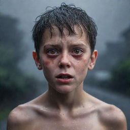 A realistic portrayal of a boy with red eyes, appearing monstrous, with a backdrop of twisting rain.