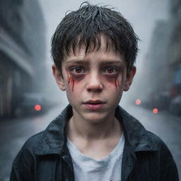 A realistic portrayal of a boy with red eyes, appearing monstrous, with a backdrop of twisting rain.