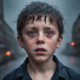 A realistic portrayal of a boy with red eyes, appearing monstrous, with a backdrop of twisting rain.