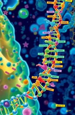 A detailed illustration of molecular systematics, showcasing a vibrant, interconnected network of DNA strands and species trees