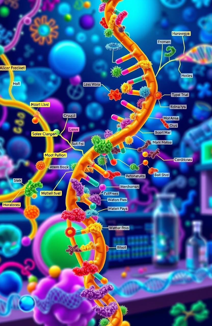 A detailed illustration of molecular systematics, showcasing a vibrant, interconnected network of DNA strands and species trees