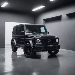 A shiny black Mercedes G-Wagon in a futuristic, greyish room.