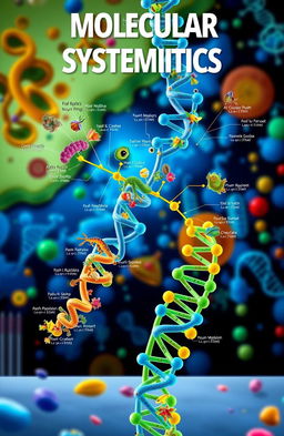 A detailed illustration of molecular systematics, showcasing a vibrant, interconnected network of DNA strands and species trees