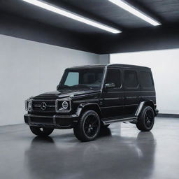 A shiny black Mercedes G-Wagon in a futuristic, greyish room.