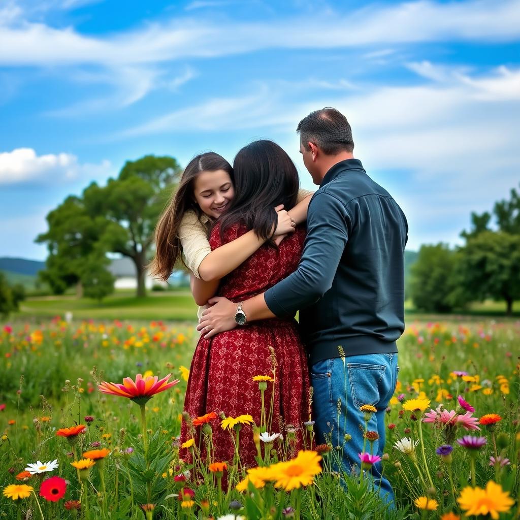 A touching scene of a teenage girl with long hair warmly hugging her mother, who has short black hair, while her father stands beside them in a picturesque prairie setting