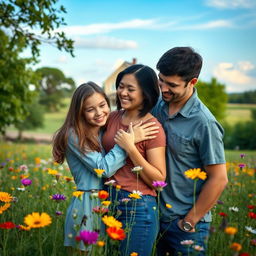 A touching scene of a teenage girl with long hair warmly hugging her mother, who has short black hair, while her father stands beside them in a picturesque prairie setting