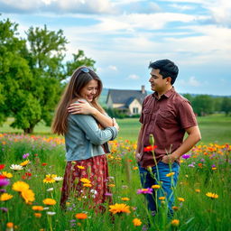 A touching scene of a teenage girl with long hair warmly hugging her mother, who has short black hair, while her father stands beside them in a picturesque prairie setting