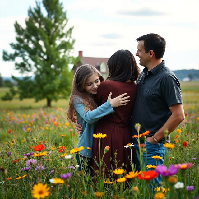 A touching scene of a teenage girl with long hair warmly hugging her mother, who has short black hair, while her father stands beside them in a picturesque prairie setting