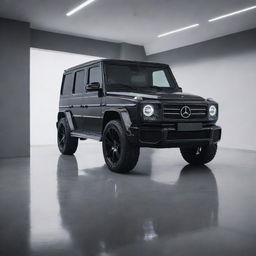 A shiny black Mercedes G-Wagon in a futuristic, greyish room.