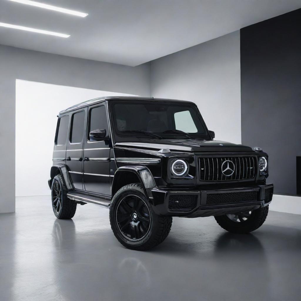 A shiny black Mercedes G-Wagon in a futuristic, greyish room.