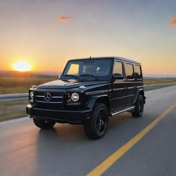 A shiny black Mercedes G-Wagon traveling on a highway against a backdrop of a beautiful sunset.