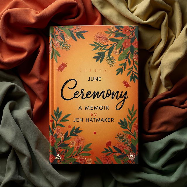 A captivating book cover design for "Ceremony: A Memoir" by Jen Hatmaker, featuring a background of rebozos in earth tones, wrapping around the cover to create a harmonious and inviting atmosphere