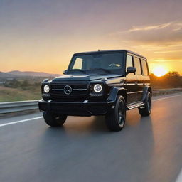 A shiny black Mercedes G-Wagon traveling on a highway against a backdrop of a beautiful sunset.