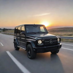 A shiny black Mercedes G-Wagon traveling on a highway against a backdrop of a beautiful sunset.