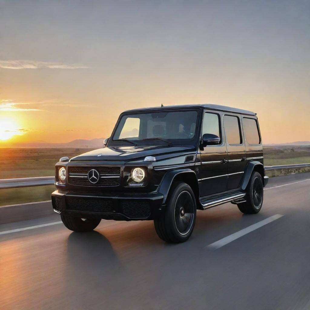 A shiny black Mercedes G-Wagon traveling on a highway against a backdrop of a beautiful sunset.