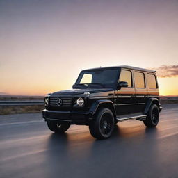 A hyper-realistic, futuristic scene of a shiny black Mercedes G-Wagon on a highway, bathed in the light of a beautiful sunset