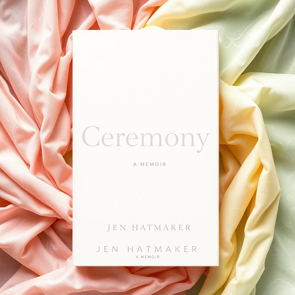 A beautiful book cover design for "Ceremony: A Memoir" by Jen Hatmaker, featuring a soft pastel rebozo wrapped around the background, creating a gentle and harmonious ambiance