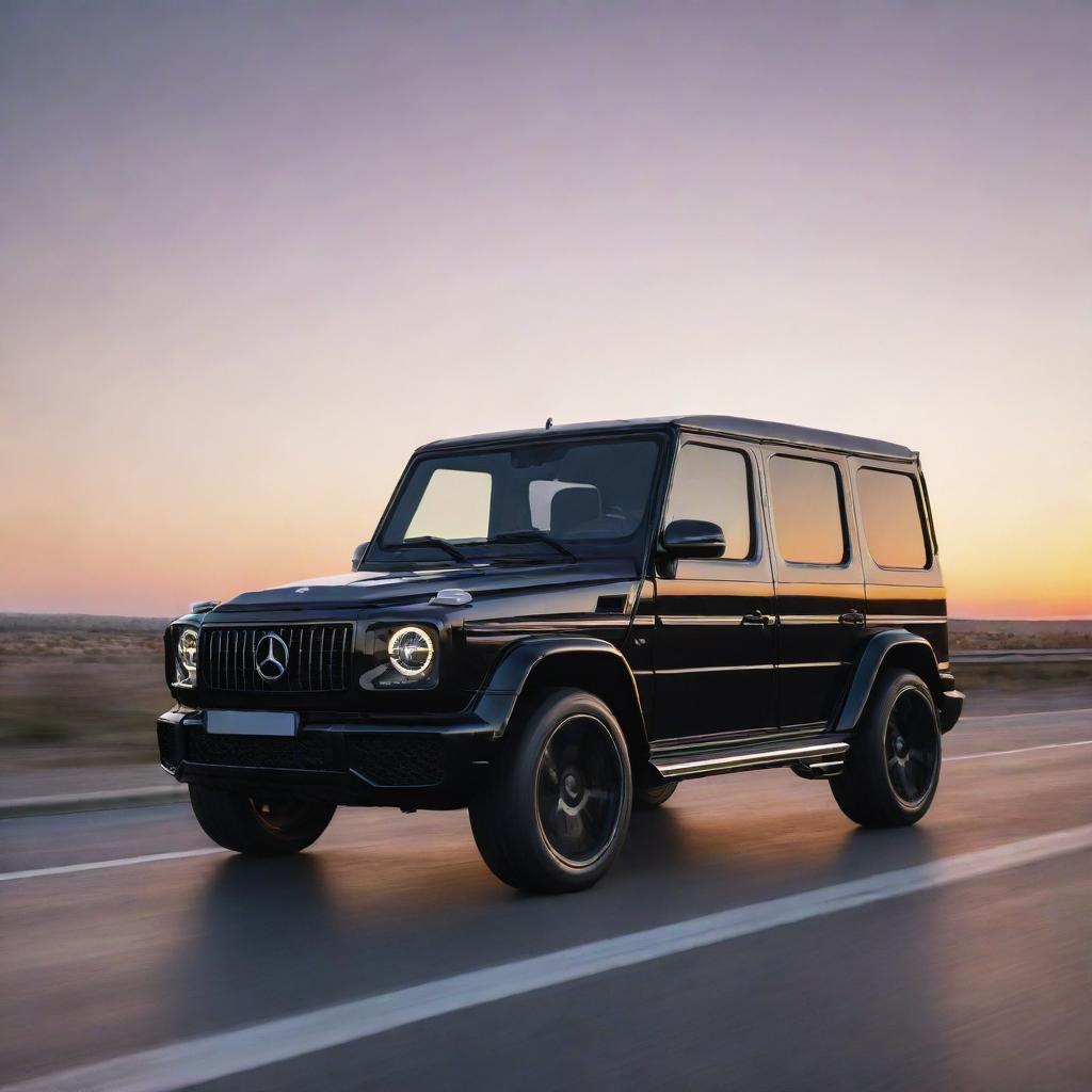 A hyper-realistic, futuristic scene of a shiny black Mercedes G-Wagon on a highway, bathed in the light of a beautiful sunset