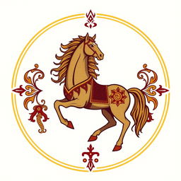 A medieval emblem representing a civilization similar to Mongolia or the Huns, prominently featuring a majestic horse as the central element