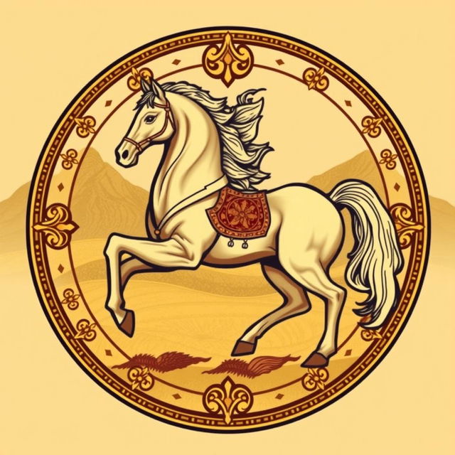 A medieval emblem representing a civilization similar to Mongolia or the Huns, prominently featuring a majestic horse as the central element