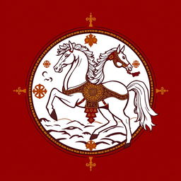 A medieval emblem representing a civilization similar to Mongolia or the Huns, prominently featuring a majestic horse as the central element
